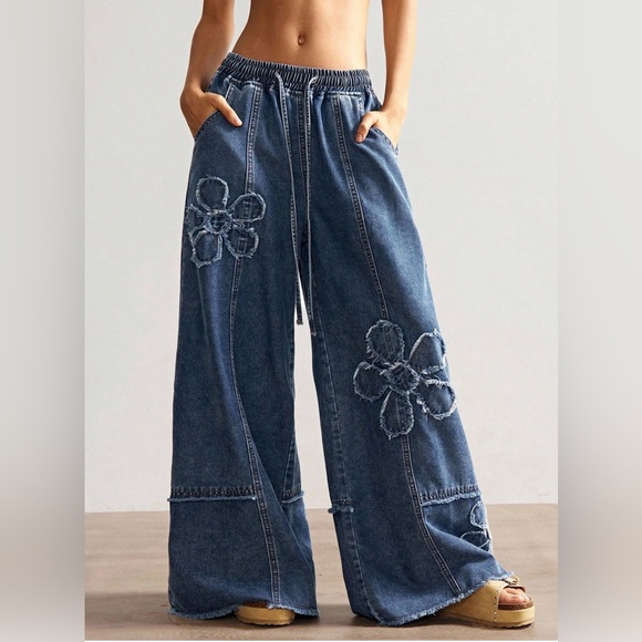 By Design Pants - Y2K Artisanal Frayed Floral Wide-Leg Jeans